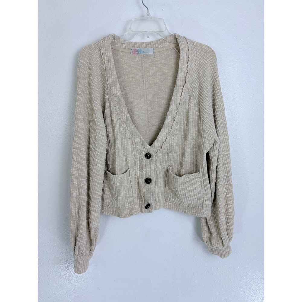 Free People Beach Cardigan Beige Textured Knit Balloon Sleeve Size S